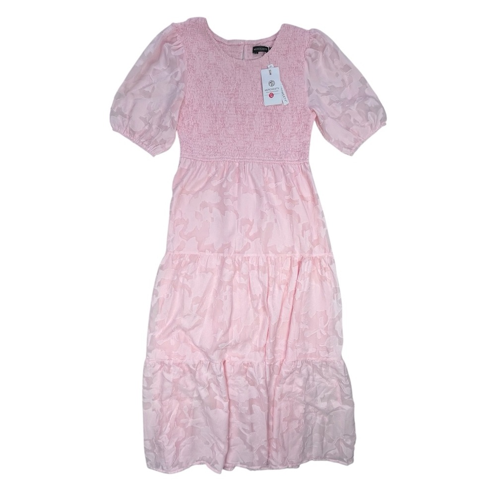 Merokeety Pink Short Puff Sleeve Midi-Dress Floral Design. Size Medium